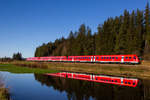 3 Triebwagen der Baureihe 612 am Weiher von Ruderatshofen.