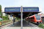 LINDAU/Bodensee (Landkreis Lindau/Bodensee), 07.05.2023, Zugzielanzeiger für die Gleise 7 und 8 im Bahnhof Lindau-Insel, offensichtlich ist an diesen Gleisen nicht viel los; wenn 612 143 schon