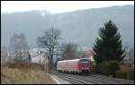 612 575 als IRE 3232 nach Aalen. Aufgenommen am 17.04.08 bei der Ausfahrt aus Oberkochen. Im Hintergrund ist noch das Bahnhofsgebude zu sehn.