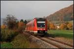 612 089 ist als IRE nach Ulm Hbf unterwegs. Aufgenommen am 09.Oktober 2008 bei Oberkochen.