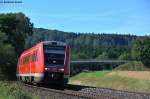 612 092 mit dem RE 3697 aus Gera nach Regensburg Hbf bei Oberteich, 20.08.2011