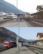 Beim Vergleich der beiden Aufnahmen des Bahnhofs Immenstadt aus dem April 1982 und vom 24.02.2023 fällt neben der Modernisierung des Mittelbahnsteiges der damals noch vorhandene schmale Bahnsteig