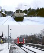 Auf diesen beiden Aufnahmen ist der zeittypische Alltagsbetrieb im Bahnhof Röthenbach am 12.02.1983 und am 25.02.2023 zu sehen: Oben verlässt 218 406-7 den Bahnhof, darunter fährt 612 573 weiter in Richtung Oberstaufen. Obwohl Gleis 1 schon längst nicht mehr existiert, sind die Bahnsteiggleise als 2 und 3 bezeichnet.