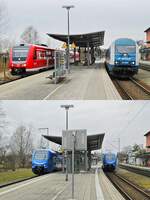 Die wesentlichste Änderung im Bahnhof Hergatz zwischen der oberen Aufnahme vom 15.03.2018 mit dem 612 619 und der ALEX-223 069 und dem unteren Bild, auf dem sich die Go-Ahead Bayern-Flirt 3 ET 4.29 und 4.35 am 24.02.2023 treffen, ist der zwischenzeitlich eingebaute Aufzug, der einen barrierefreien Zugang zum Bahnsteig ermöglicht