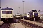Sommer 1984: Bw Kempten mit Vorserien-Zügen der DB-Baureihe 628 und der DB- Diesellok 212 302-4