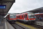 628 627 als RB nach Landshut(Bay) Hbf neben 628 422 als RB aus Simbach(Inn). Mühldorf(Obb), Mai 2019