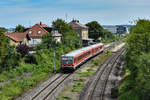 628 623 mit 244 der WFB als RE nach Heilbronn am 05.08.19 bei der Ausfahrt aus Waldenburg(Württ)