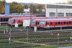 Am 18.10.2025 sind drei 628er vor der Werksatthalle in Mühldorf abgestellt. Der linke hört auf den Namen Ried im Innkreis identifiziert sich jedoch laut der Zugzielanzeige als Güterzug.