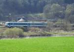 Baureihe 628.2 (mint-wei) der DB Regio AG als RB 22436 auf der Fahrt von Gieen nach Koblenz Hbf auf der Lahntalbahn zwischen Weilburg und Grveneck.<br><br>
Datum: 26. Mrz 2002

