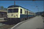 628 010-1 und 628 020-0 der ersten Vorserie Anfang der 90er auf der Auerfernbahn im Bahnhof Reutte/Tirol nach der Ankunft aus Kempten.