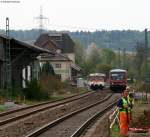NOch gibt es die Paralleleinfahrt zwischen SWEG VT9 mit VS142 als SWE70716 (Aglasterhausen-Meckesheim) und 628 288 als RB 18322 (Eppingen-Heidelberg Hbf) in Meckesheim (der MAN verlor) 16.4.09