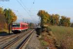 Goldener November in Hohenlohe. Im Bild 628 268 als RE 23400 (Crailsheim-Heilbronn) bei Scheppach. Das Bild entstand am 02.11.2011 vom Bahnsteigende.