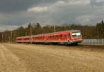 628 310 und 628 307 sind als RB Mannheim - Waghusel am 20.02.2012 kurz vor Waghusel