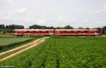 DB Regio Gubodenbahn 628 + 928 424 als RB 59727 Bogen - Neufahrn, KBS 932 Bogen - Neufahrn, fotografiert bei Laberweinting am 20.06.2012