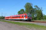 Der Triebwagen 628 528 auf der RB 12 von Templin Stadt nach Berlin-Lichtenberg am 28.04.2014 in Nassenheide.