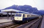 Vorserien 628002 als Nahverkehrszug nach Kempten am 12.9.1987 um 10.27 Uhr im Bahnhof Garmisch Partenkirchen.