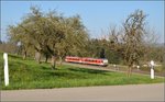 An der Allgäubahn war im April der Frühling noch nicht weil gediehen. 628 in der Nähe von Schlachters. April 2016.