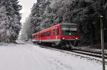 Der Dieseltriebwagen 928 593 ( Steuerwagen voraus) auf dem Weg von Altötting nach Mühldorf am 30.12.16 in einem Waldstück in der Nähe von Pirach.