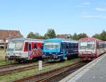 628 504, 629 903 und 629 071 (VT71) der neg/RDC am 20.09.2025 im Bahnhof Niebüll neg.
