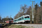 628 673/486  Maria  als Leih-Fahrzeug von der Westfrankenbahn mit dem Dortmunder 628 698 bei Kißlegg als RB nach Aulendorf 