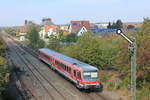 Am 28.09.2018 verlässt 628 256 als RB Würzburg-Crailsheim den Bahnhof Blaufelden.