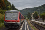 628 548 mit 904 am Zugschluss steht am 02.08.20 im Bahnhof Fridingen(b Tuttl.) und wartet auf den Gegenzug 