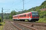 Nachschuss auf 628 496 der DB Regio Westfrankenbahn am 17.6.2022 bei der Durchfahrt durch Orlamünde in Richtung Saalfeld (Saale).