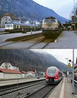 Ein weiteres Vergleichsbild aus Immenstadt: Oben ist gerade 218 425-7 mit einem D-Zug aus Lindau auf Gleis 1 angekommen, auf Gleis 3 steht 628 101-8, einer der drei Vorserien-628.1.