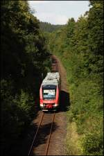 640 001 ist auf der Biggeseestrecke in Richtung Olpe unterwegs. (04.09.2010)