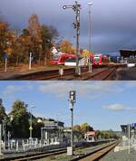 Der Bahnhof Erndtebrück im Herbst 2004 und am 11.10.2022: Auf dem oberen Bild präsentiert sich der Bahnhof noch mit Formsignalen und zwei 640 der DB, darunter der heutige Zustand.