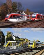 Der Bahnhof Erndtebrück im Herbst 2004 und am 11.10.2022: Damals wie heute kreuzen auf den Gleisen 3 und 4 die Züge nach Siegen und Bad Berleburg, der Betreiber hat jedoch gewechselt. Statt der Coradia Lint 27 der DB befördern jetzt Coradia Lint 41 der HLB die Reisenden auf der Rothaarbahn.