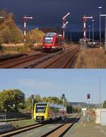 Der Bahnhof Erndtebrück im Herbst 2004 und am 11.10.2022: Oben verlässt ein DB-640 den Bahnhof in Richtung Bad Berleburg, darunter fährt der HLB-VT 507 in dieselbe Richtung.