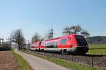 Am Nachmittag des 08.04.2020 fuhr 641 004 zusammen mit 641 016 als RB (Basel Bad Bf - Lauchringen) zwischen Beuggen und Schwörstadt über die KBS 730 am Hcohrhein entlang.