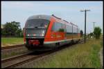 642 203 ist am 10.06.2012 als Sonderzug auf der Heidebahn im Einsatz. Gleich erreicht der Zug den Bahnhof Laußig.