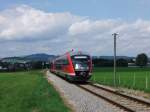 Am 14.08.2013 fahren 642 121/621 und 642 084/584 als RB 5513 nach Reutte in Tirol gerade zwischen St.Mang und Durach. Whrend 642 121/621 bis Reutte in Tirol fhrt, wird 642 084/584 verschlossen bis Pfronten-Steinach mitgefhrt, damit dieser dann als RB 5546 nach Kempten(Allgu)Hbf zurck zu fahren kann.