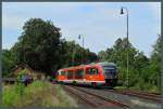 642 038 erreicht am 05.07.2014 den Bahnhof Šluknov. Mit der Wiedereröffnung der Strecke Sebnitz (D) - Dolní Poustevna (CZ) wurde die Regionalbahnlinie U 28 neu eingerichtet, welche von Děčín über Bad Schandau, Sebnitz und Dolní Poustevna nach Rumburk führt. Aufgrund der großen Nachfrage wurden die Fahrten zur Eröffnung der Strecke mit einem weiteren Triebwagen verstärkt.