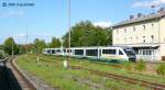 Blick nach Osten auf den Bahnhof Schwarzenbach an der Saale. Die Regionalbahn der Vogtlandbahn fuhr am 18.8.08 nach Regensburg