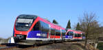 Nachschuß auf RB 20, 643 223 der Euregiobahn auf dem Weg nach Alsdorf. Morgens am 6.4.2018 auf dem Abzweiger in Herzogenrath bei Postkartenwetter