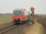 643 072 ist als RB63  Baumberge-Bahn  nach Coesfeld unterwegs und durchfhrt dabei die S-Kurve in Havixbeck in Richtung Billerbeck.
Gru an den Tf!
Havixbeck, 26.02.2011