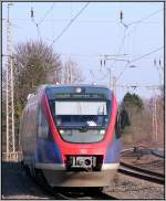 Frontansicht der 643 205. Als RB 20 unterwegs bei Eschweiler im April 2013.
Die Euregiobahn fhrt weiter bis nach Heerlen (NL).