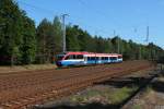 Bombardier Talent 643 der Prignitzer Eisenbahngesellschaft, hier als PEG 79720 auf der Linie RB 12 nach Templin-Stadt,  bei der Einfahrt im sdlichen Bahnhofskopf des Bf Nassenheide am 20.05.2012.
