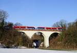 643 & 643 der Euregiobahn aus Herzogenrath auf einem Viadukt nahe Aachen West bei AC- Laurensberg am 21.1.2017