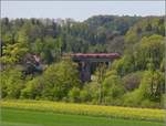 Bahn am Hochrhein. Über die Grenze zur Mühlbachbrücke geschaut bietet sich im Frühjahr ein buntes Bild mit 644. Albert, April 2019.