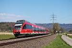 Als RB (Lauchringen - Basel Bad Bf) fuhr am Nachmittag des 08.04.2020 der 644 540 zusammen mit 644 039 kurz hinter Schwörstadt über die Hochrheinbahn in Richtung Beuggen.