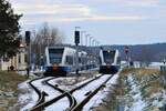 Zugkreuzung im Bahnhof Koserow, von jeweils einer Doppeltraktion der Baureihe 646. Links RB 23 nach Swinemünde, Rechts RB 23 nach Züssow (27.12.2021).