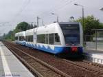 BR646 der UBB in Doppeltraktion bei ihrem Halt in Greifswald Sd am 01.06.03.