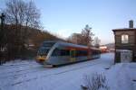 Ein Stadler GTW 2/6 der Hellertalbahn von Betzdorf kommend fhrt am 05.01.2010  in den Bahnhof Herdorf ein.