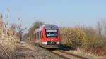 Vorbei an einem blühenden Haselnussstrauch kommt an einem sonnigen Februartag 648 331  Ascheberg  als RE 83 (21821) Lübeck - Lüneburg; kurz vor Lauenburg, 18.02.2019
