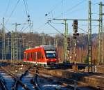 Dieseltriebwagen 648 205 / 705 (Alstom Coradia LINT 41) der DreiLnderBahn als RB 95 (Au/Sieg-Siegen-Dillenburg), fhrt am 12.01.2012 in den Bahnhof Betzdorf/Sieg ein.