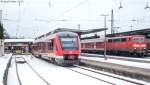 Der Bahnhof Ansbach hat auf beiden Seiten Stumpfgleise. Doch nur das östliche Gleis 1a wird regelmäßig von der S-Bahn genutzt. Auf den westlichen Stumpfgleisen werden nur gelegentlich Züge abgestellt. Am 1.2.10 wartete 648 302 auf Gleis 1b. Am rechten Bildrand 111 107 mit der RB nach Würzburg. 